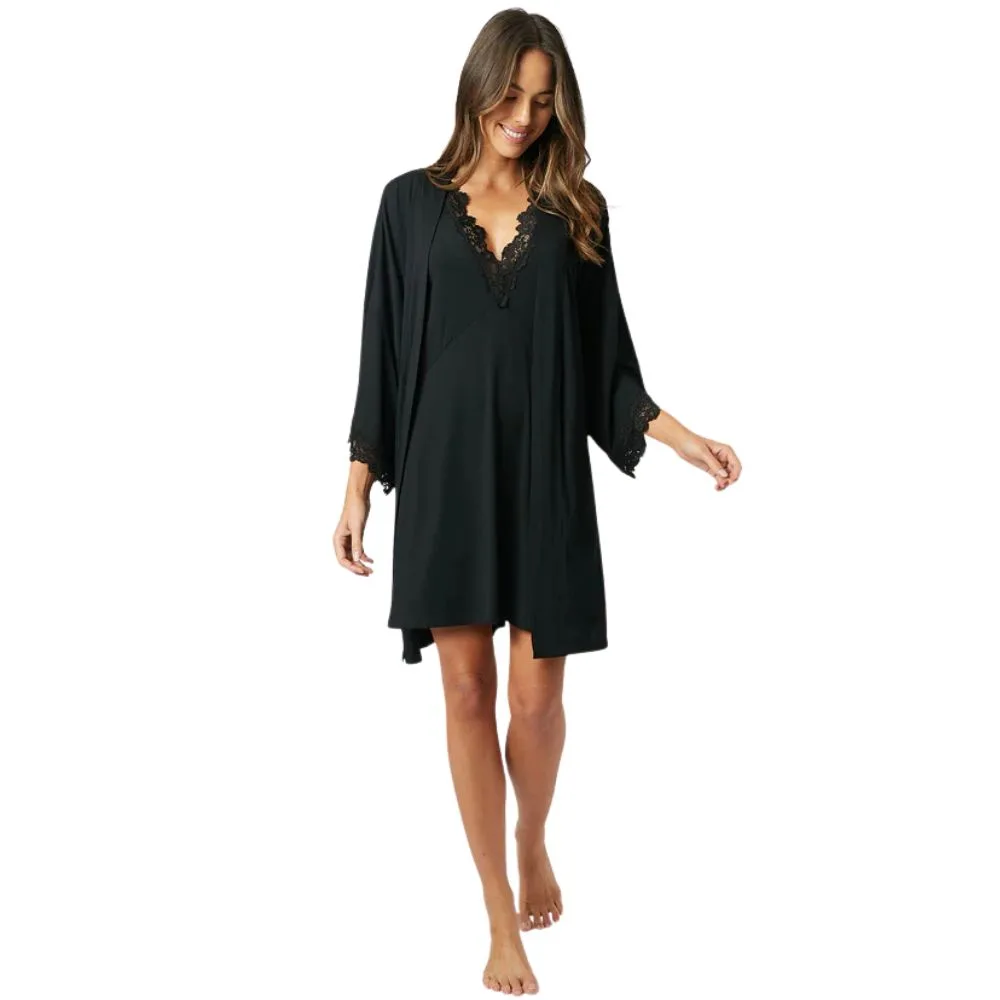 Lace Trim Modal Robe in black