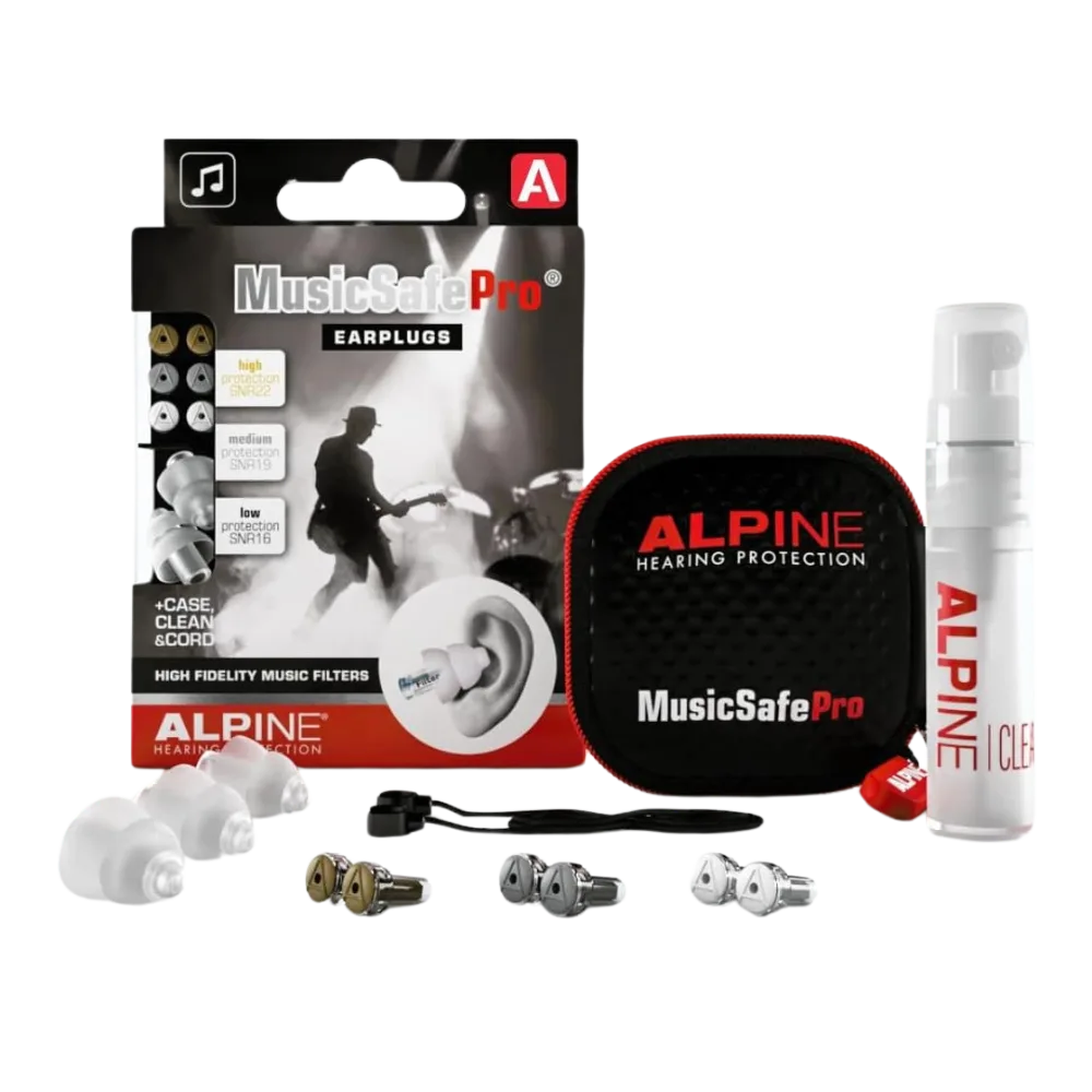 Alpine MusicSafe Pro earplugs case and contents: earplugs, cord, carry case, filters and cleaning spray bottlw