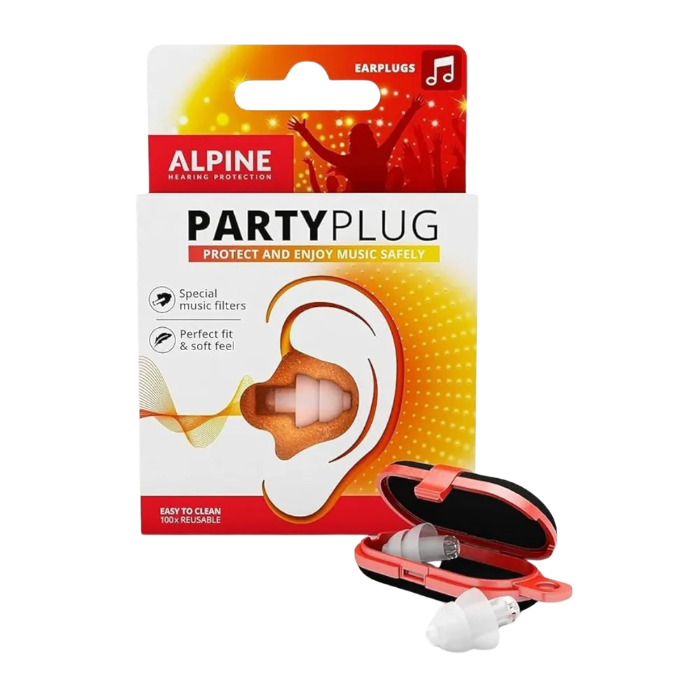 Packaging for, and a pair of, Alpine PartyPlug earplugs.