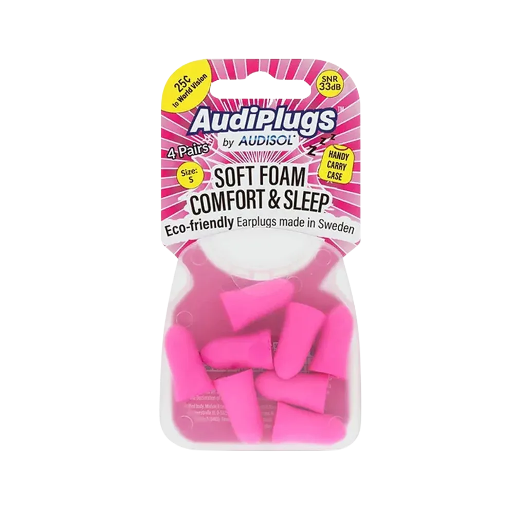 Packaged set of four pairs of pink foam AudiPlugs Soft Foam Comfort & Sleep Earplugs