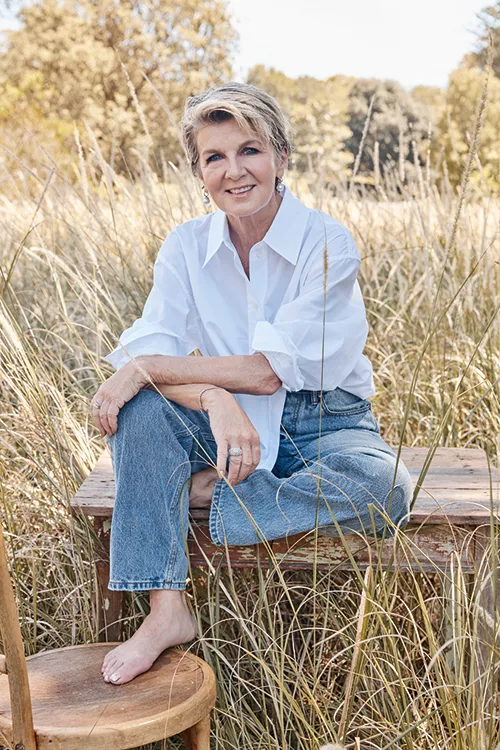 Julie Bishop in a white shirt and denim jeans