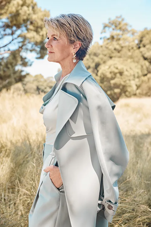 Julie Bishop in a trench coat in Centennial Park