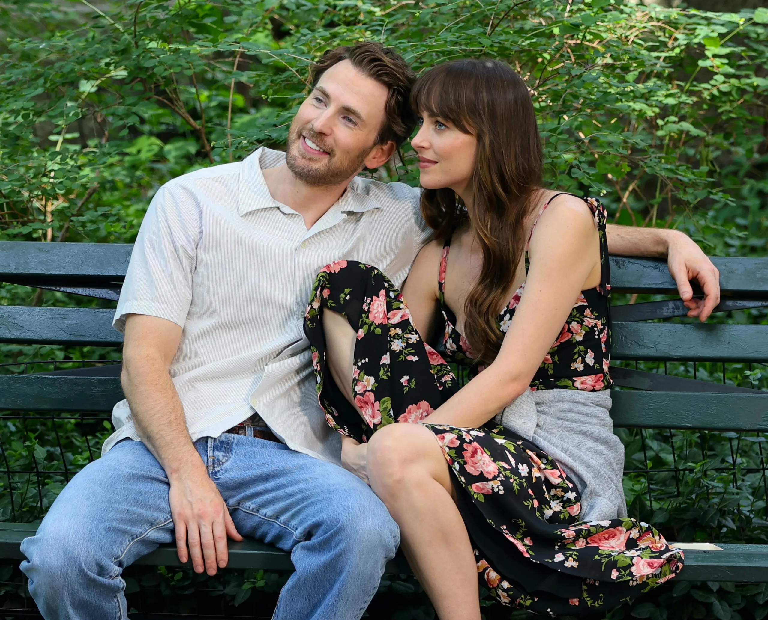 Chris Evans and Dakota Johnson on the movie set of Materialists
