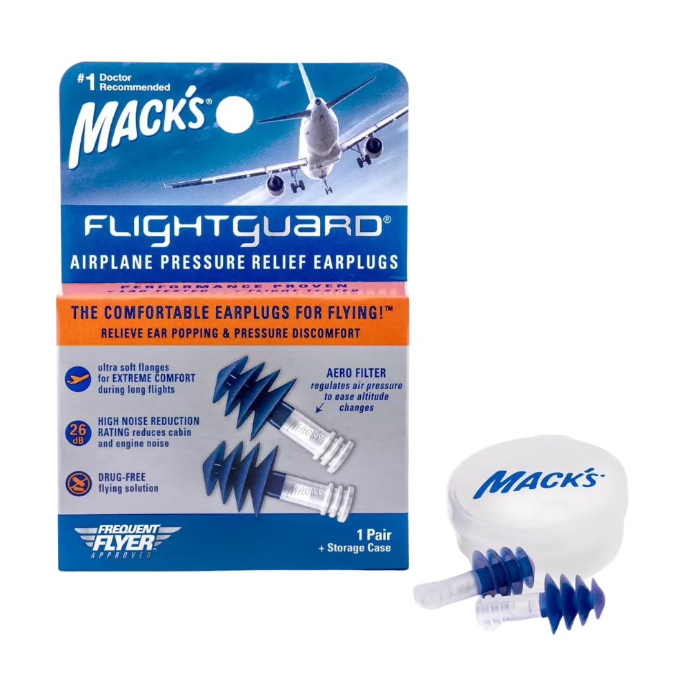 Photo of a box of Mack's Flightguard Airplane Pressure Relief Ear Plugs with two earplugs and carry case in front.