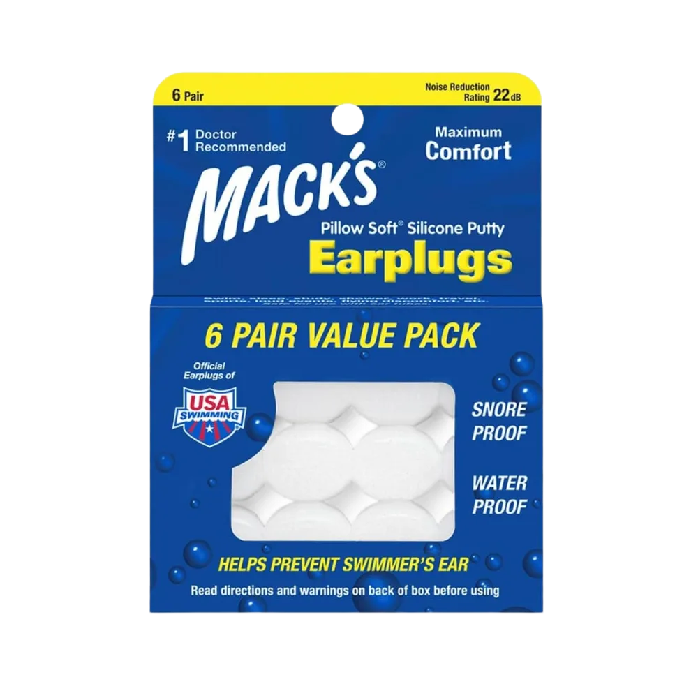 Blue packaged box of Mack's Pillow Soft Silicone Putty Ear Plugs