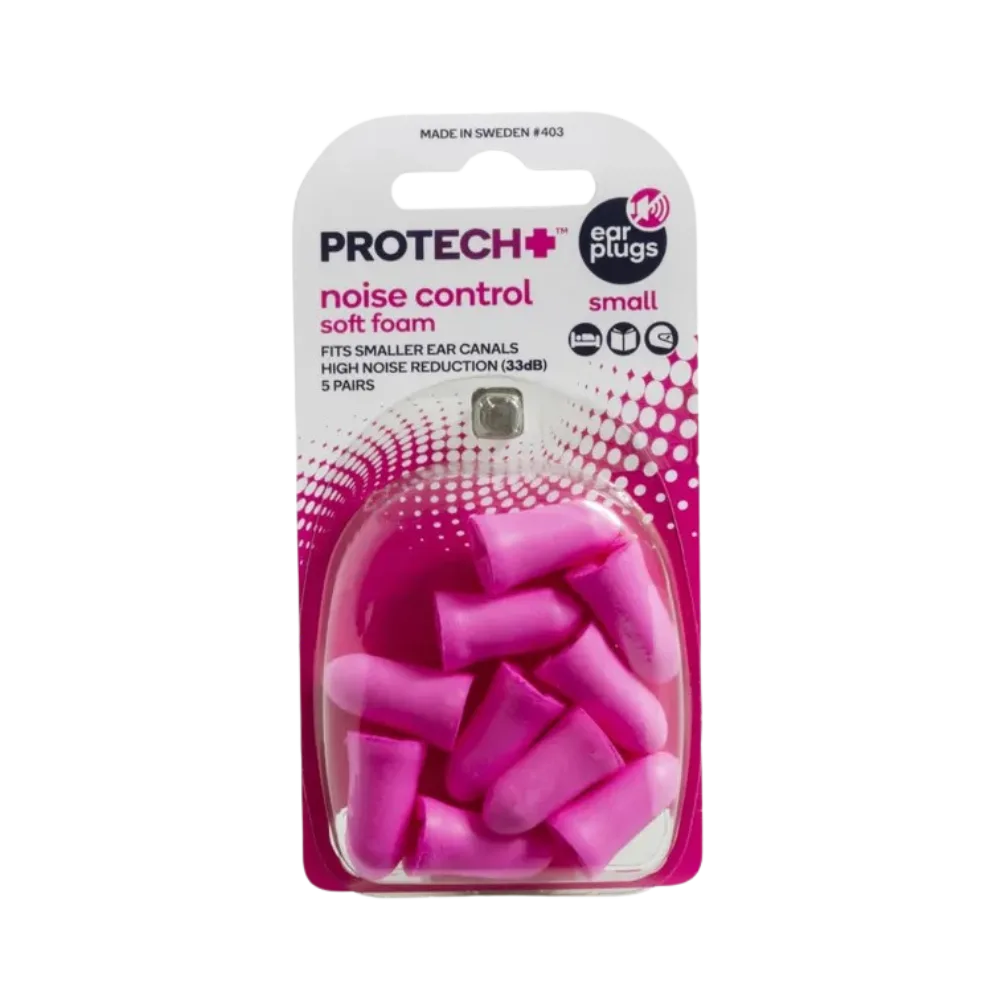 Packaged set of five pink foam ProTech Protect Noise Control Small Earplugs