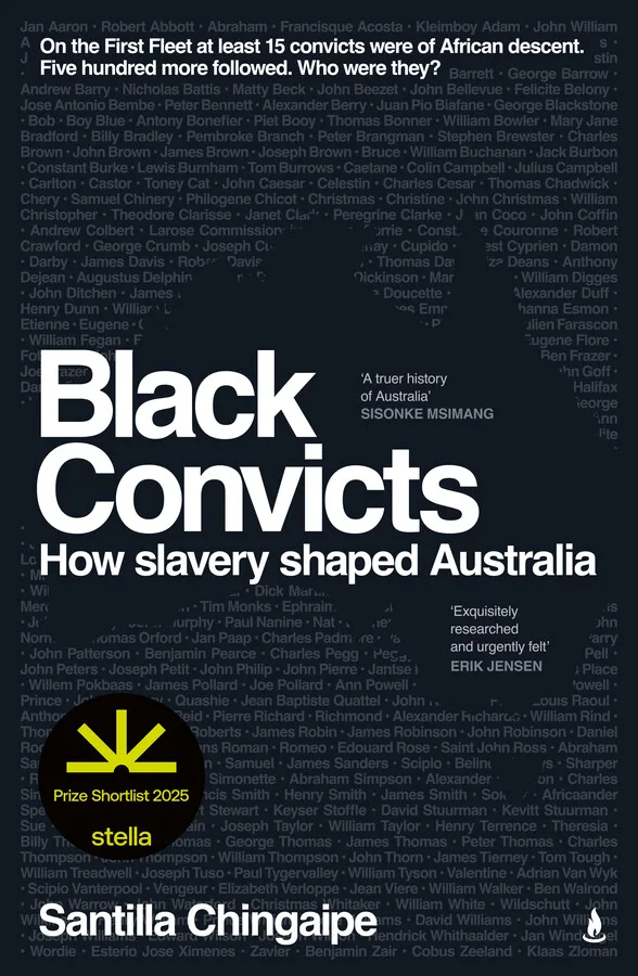 A black and white book cover on which the names of Black covicts outline a map of Australia. The heading is "Black Convicts: How slavery shaped Australia".