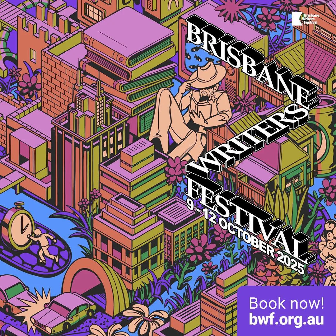 Graphic artwork of a cityscape, with a large man lying in a street reading a book.