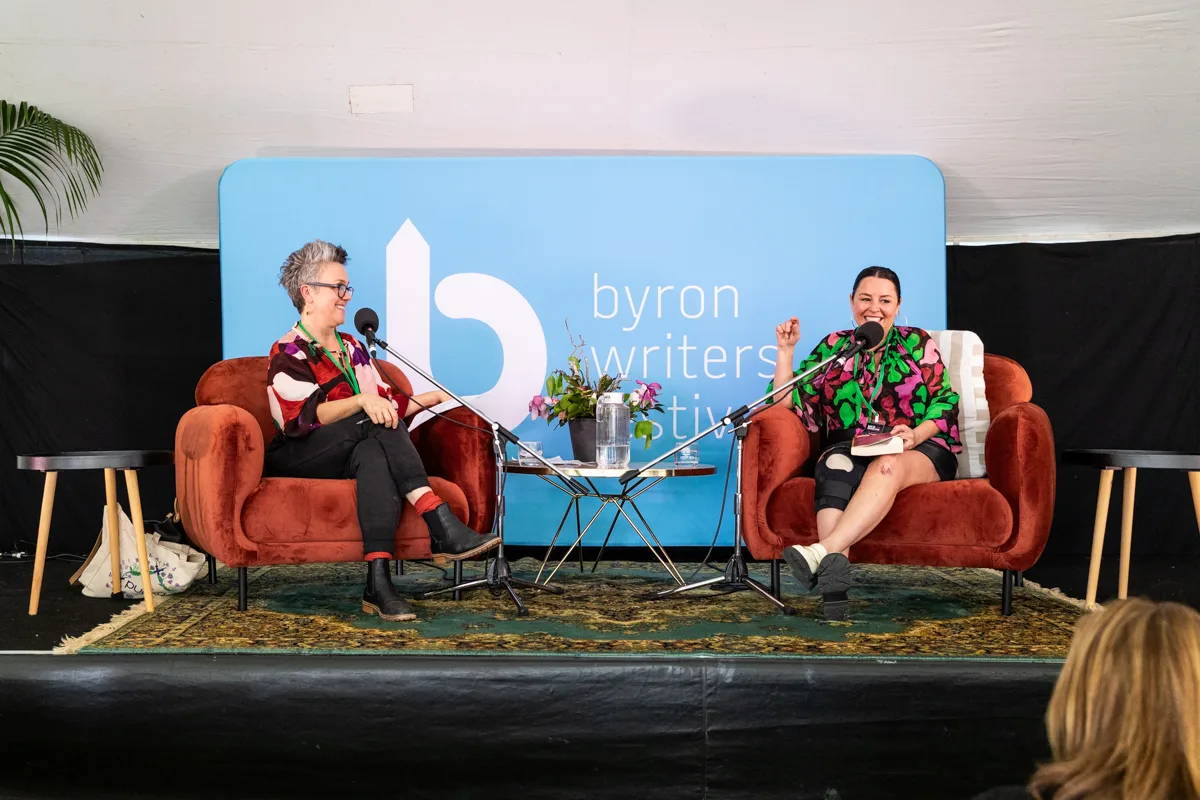 Myf Warhurst and Sarah Armstrong on stage at Byron Writers Festival