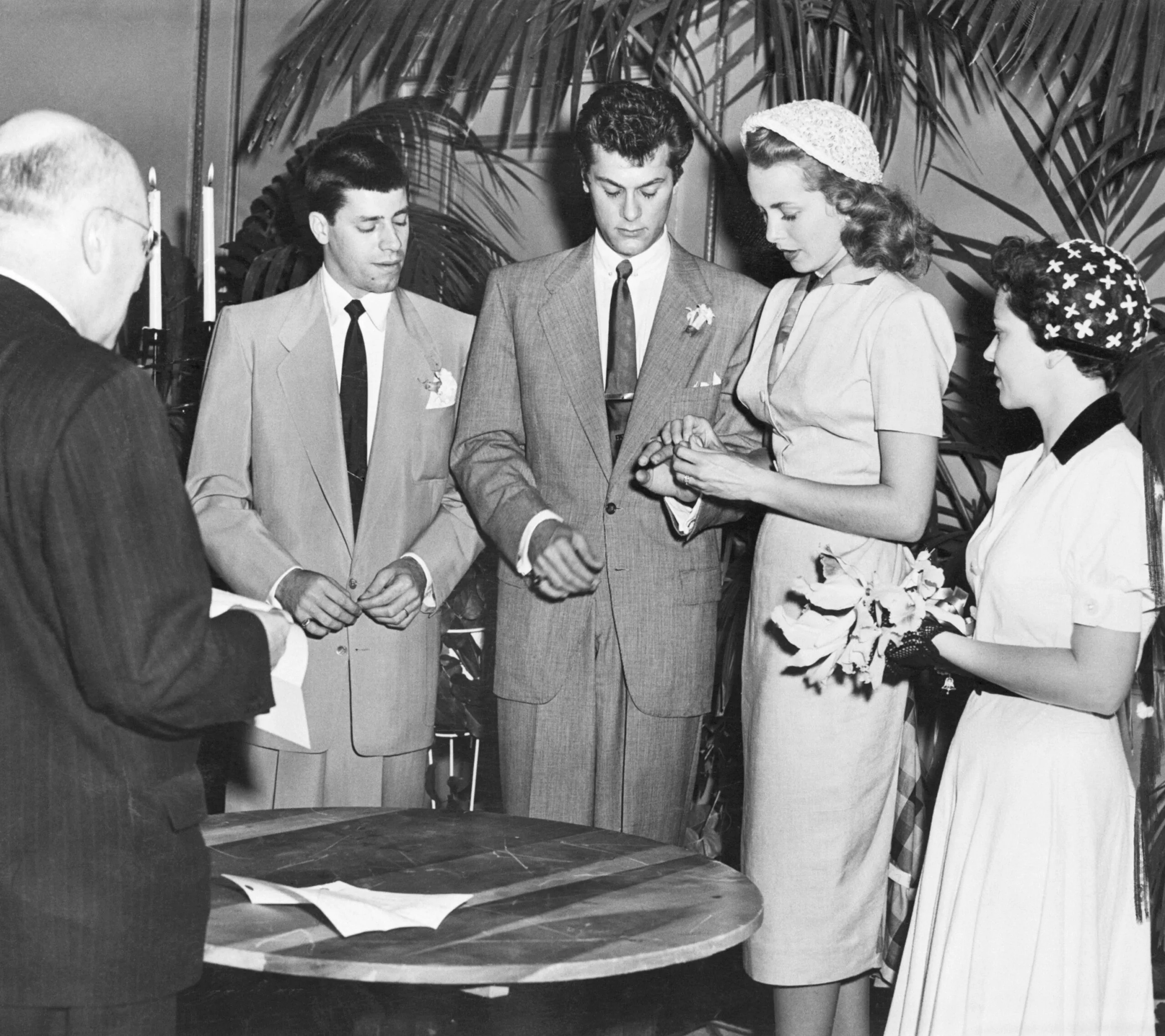 (Original Caption) 6/4/1951-Tony Curtis marrying Janet Leigh. Photograph.