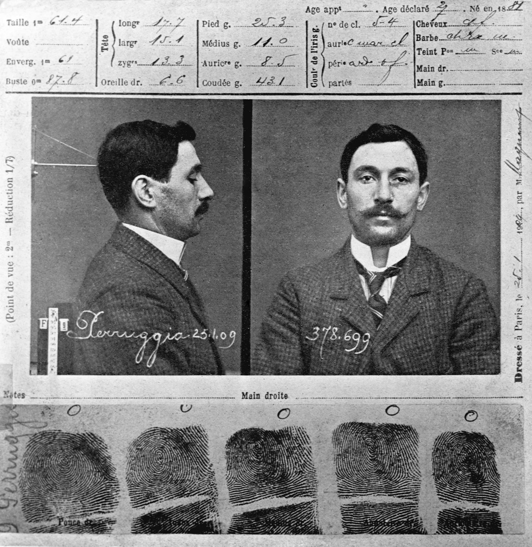 Mug shot of Vincenzo Perugia, the Italian man who stole the Mona Lisa out of the Louvre Museum in Paris. Perugia claimed he completed the act out of patriotism, insisting the painting belonged in Leonardo da Vinci's home country, Italy, and not France