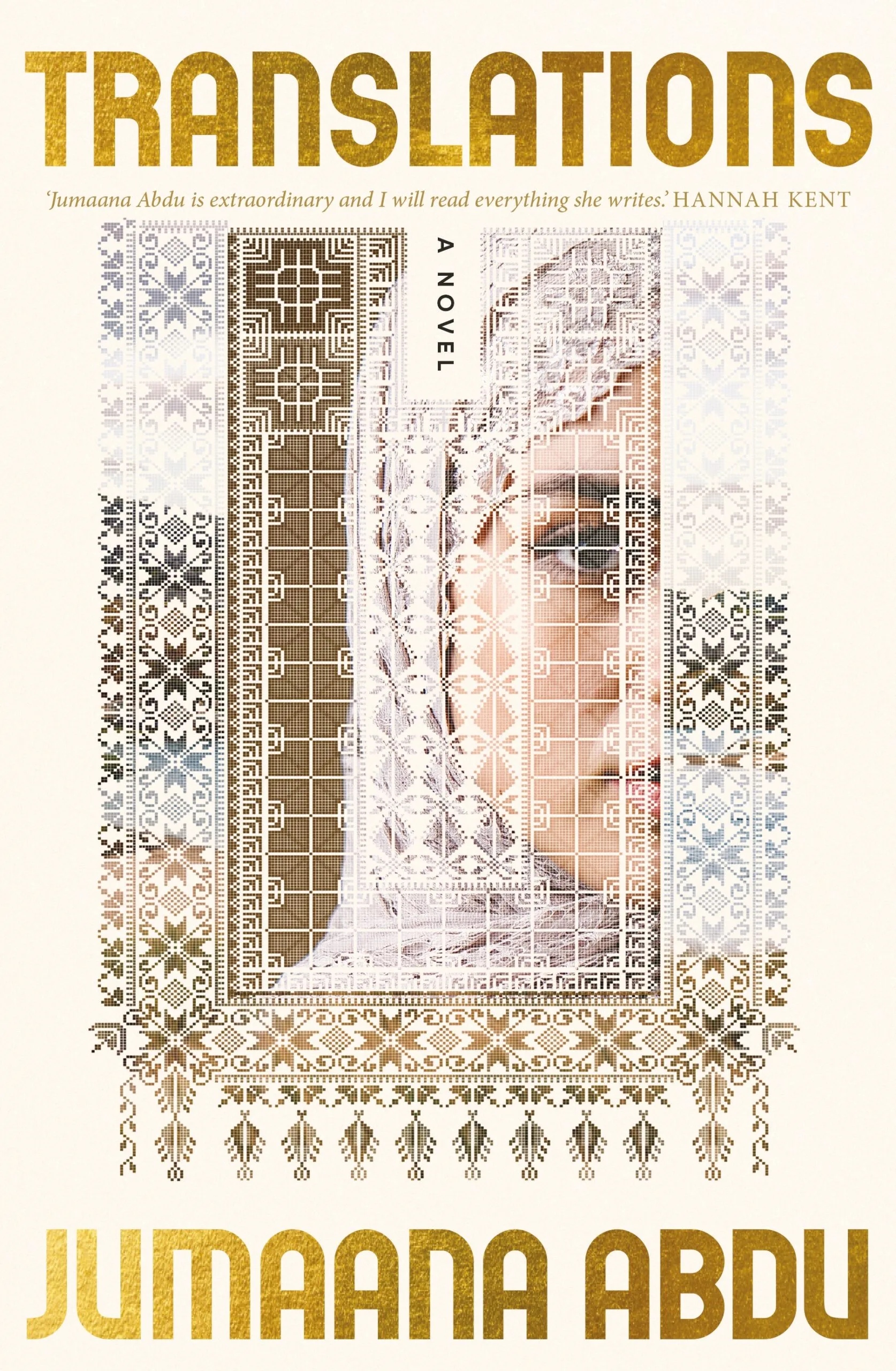 A book cover featuring a white lace overlay behind which is the partly concealed face of a woman wearing a delicate, pale hijab.