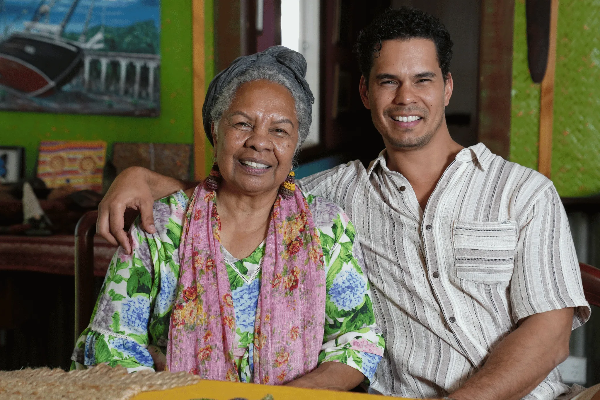 Mark Coles Smith with his mother, Dr Anne Poelina at the family home in Broome. Photo supplied by SBS.