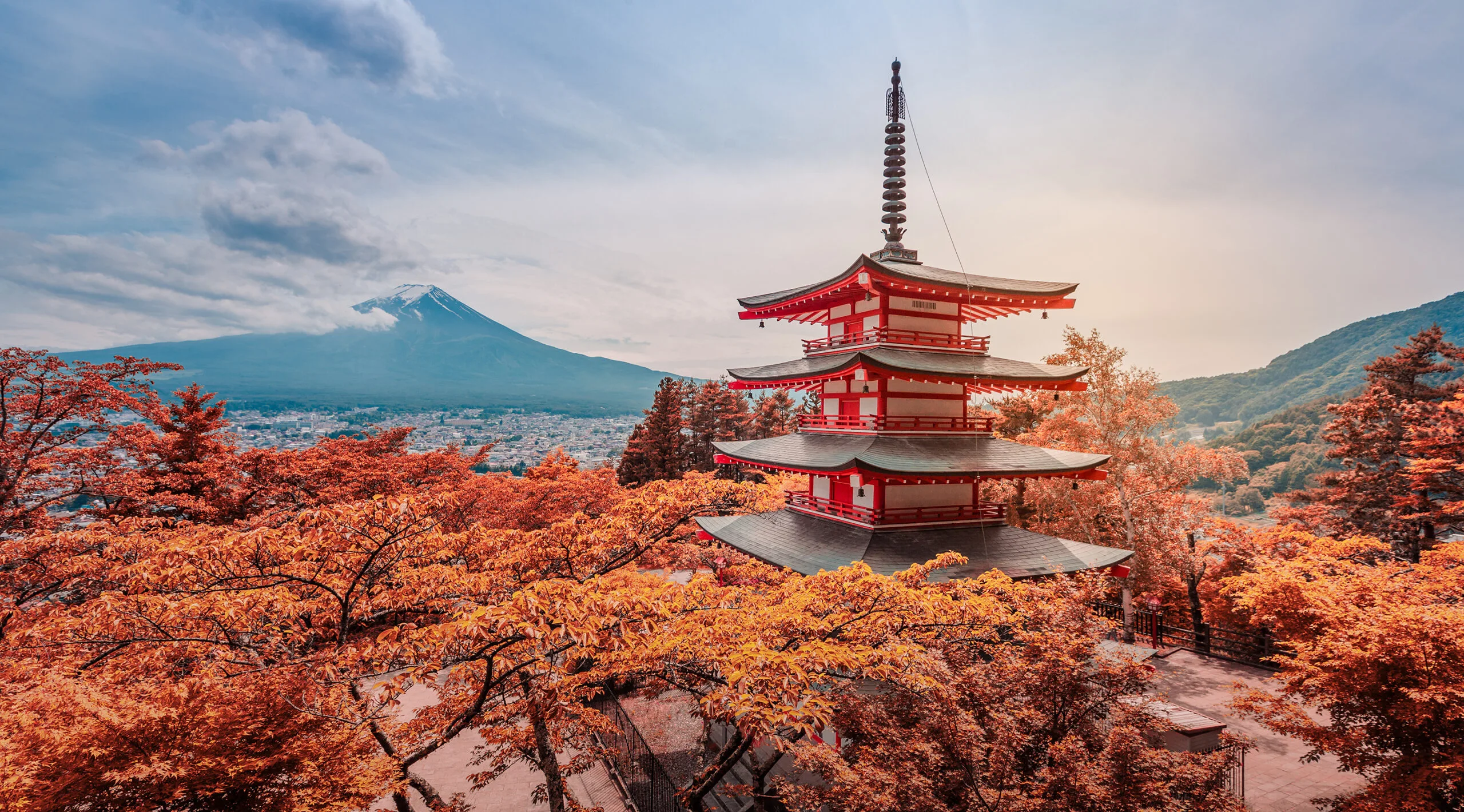 The Chureito Pagoda, a five-storied pagoda also known as the Fujiyoshida Cenotaph Monument, on the top of viewpoint can see mt. Fuji on the background