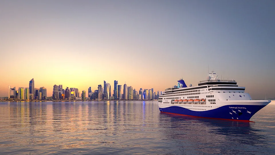 artist rendering of Celestyal Journey cruise ship on the water