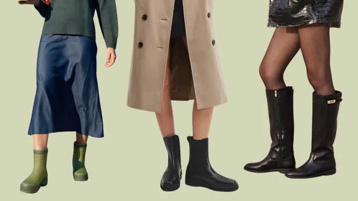 Three women wearing flat boots on a green background
