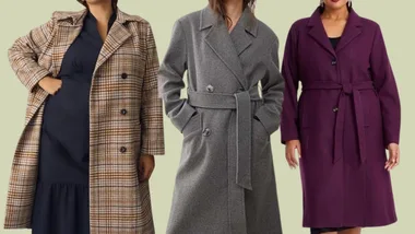 three close up images of winter coats on a green background