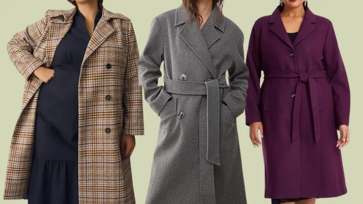 three close up images of winter coats on a green background