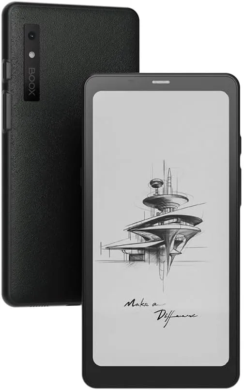a boox palma ereader displaying a black sketch on a white screen