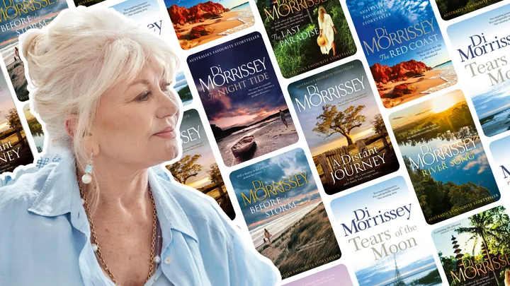 Photo of author Di Morrissey over a graphic of her book covers.