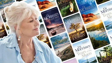 Photo of author Di Morrissey over a graphic of her book covers.