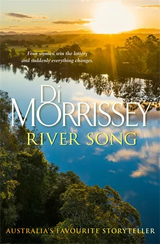 Book cover of Di Morrissey's River Song. Image of sun setting over a lake.