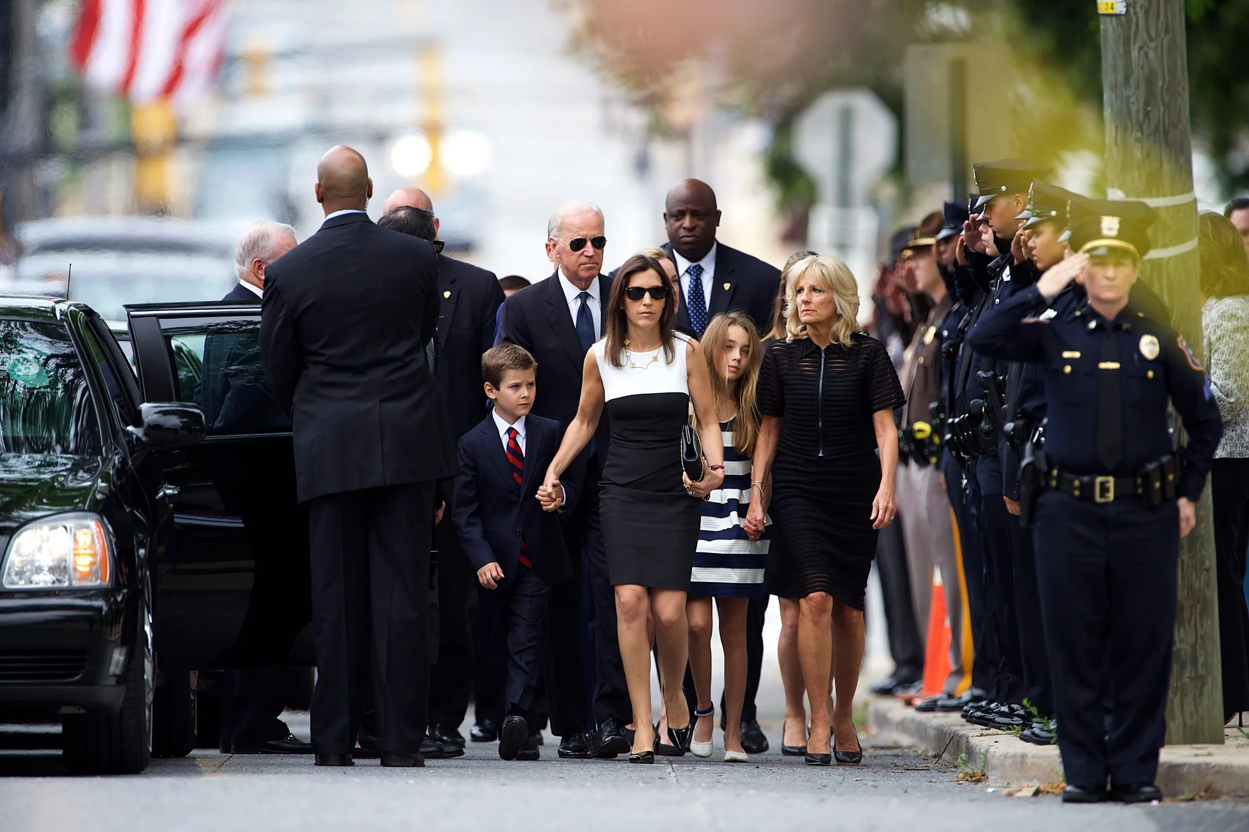 WILMINGTON, DE - JUNE 6: U.S. Vice President Joe Biden (C) and his wife Dr. Jill Biden (R) arrive with family for a mass of Christian burial at St. Anthony of Padua Church for there son, former Delaware Attorney General Beau Biden, on June 6, 2015 in Wilmington, Delaware. U.S. President Barack Obama is expected to deliver a eulogy for the son of Vice President Joe Biden after he died at 46 following a two-year battle with brain cancer. (Photo by Mark Makela/Getty Images)