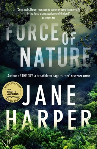 Book cover of Force of Nature by Jane Harper. Shows an image of a foggy rainforest.