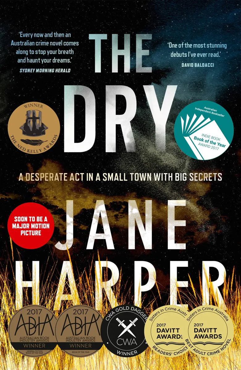 Book cover of The Dry by Jane Harper. Shows a field of wheat at night.