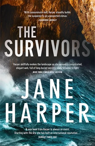 Book cover of The Survivors by Jane Harper. Shows an image of waves crashing against a rocky cliff.
