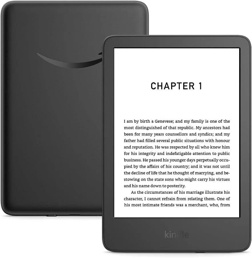 a black kindle ereader displaying a page of black text on white screen
