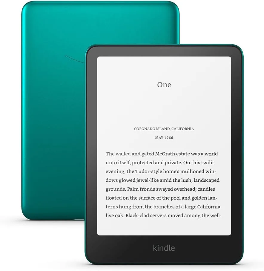 kindle paperwhite signature edition ereader in jade displaying a page of black text on white screen