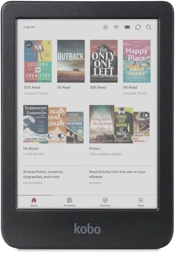 a kobo clara colour ereader displaying a page of colourful book covers