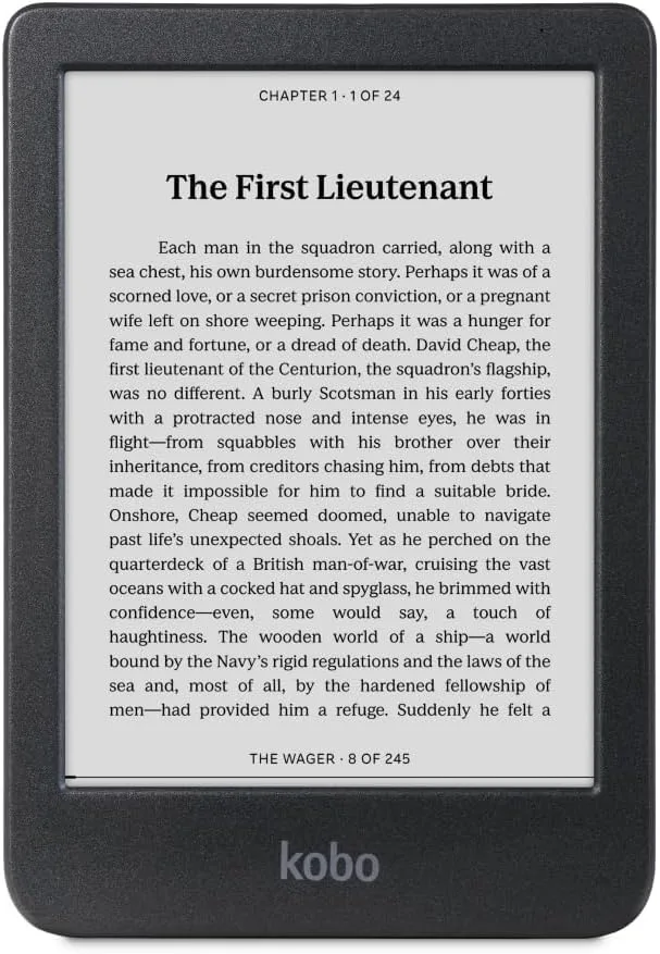 a kobo clara black and white ereader displaying a page of black text on a white screen