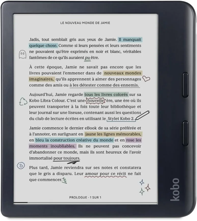 a kobo libra colour ereader displaying a page of annotated and highlited text on a white screen