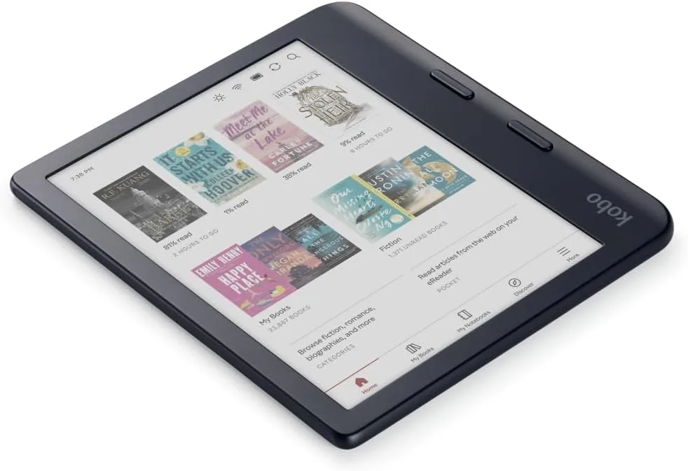 a kobo libra colour ereader displaying a page of colourful book covers