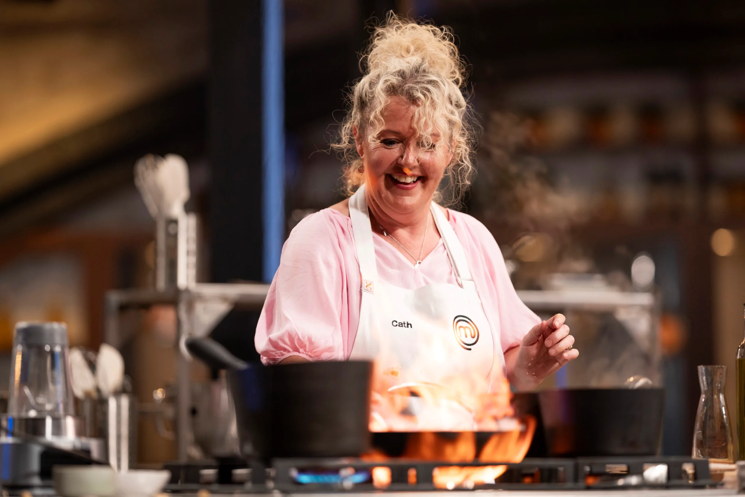 Cath Collins cooking in the MasterChef kitchen