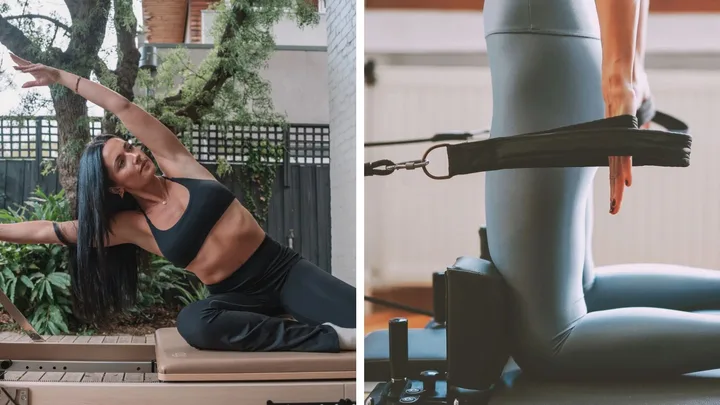Two images: On the left, a woman performs a stretch on a Pilates reformer outdoors. On the right, a close-up of a person's legs and hand on a Pilates reformer.