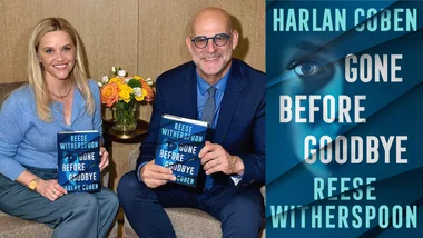 Reese Witherspoon and Harlan Coben sit together holding copies of the book gone before goodbye