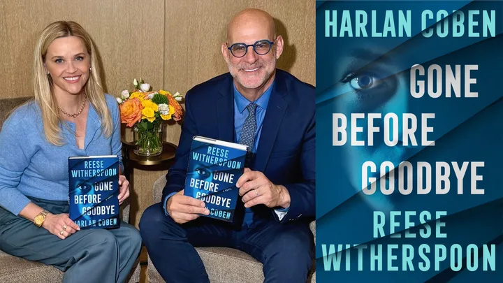 Reese Witherspoon and Harlan Coben sit together holding copies of the book gone before goodbye