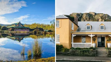 Split screen image showing two hotels in Tasmania. On the left is the Peppers Cradle Mountain Lodge and on the right is the Ship Inn hotel in Stanley.
