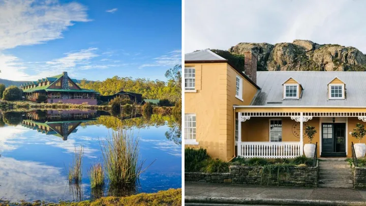 Split screen image showing two hotels in Tasmania. On the left is the Peppers Cradle Mountain Lodge and on the right is the Ship Inn hotel in Stanley.