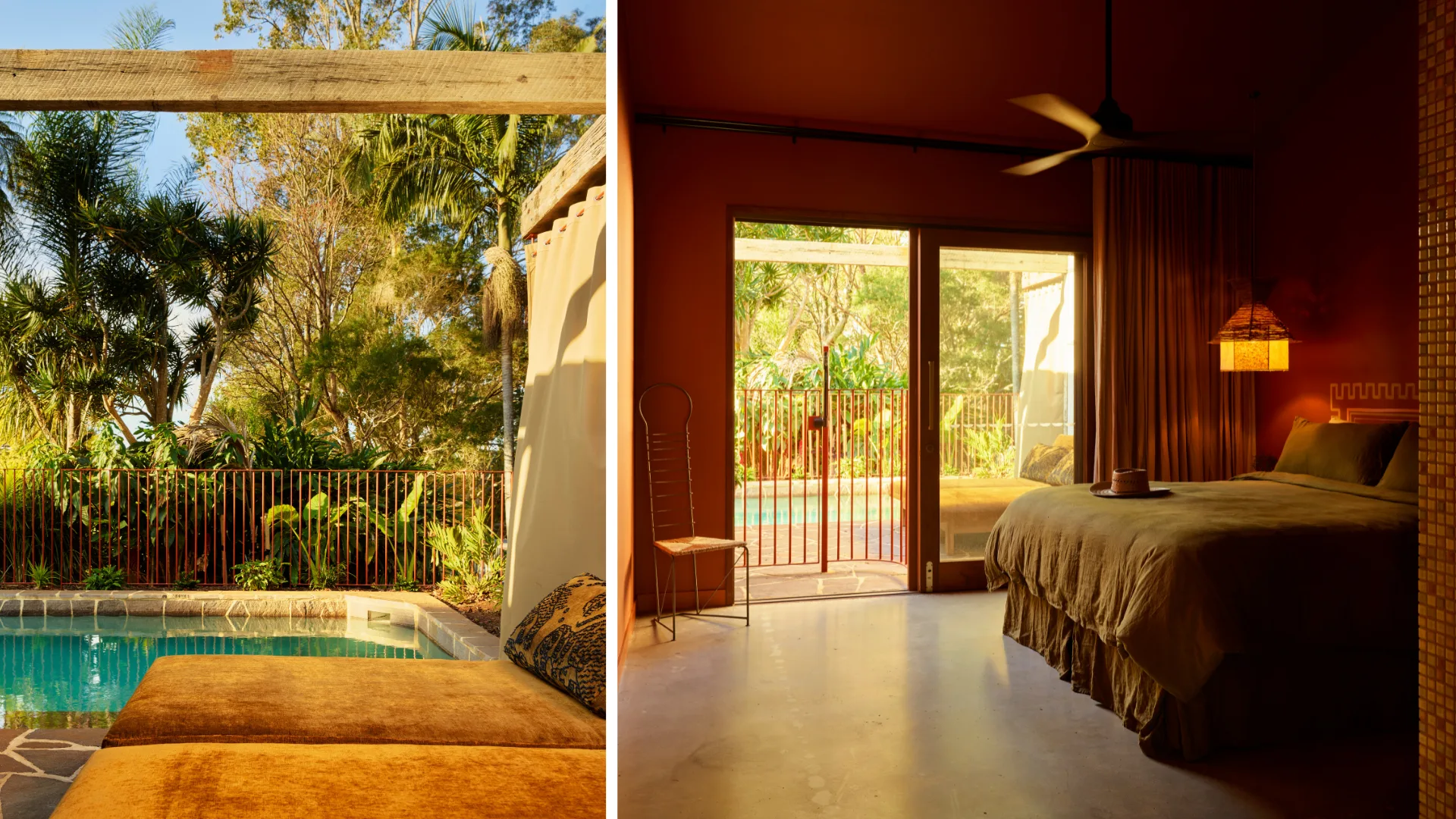 Sunranch hotel. Image of a 70s style hotel room. Image of a pool.
