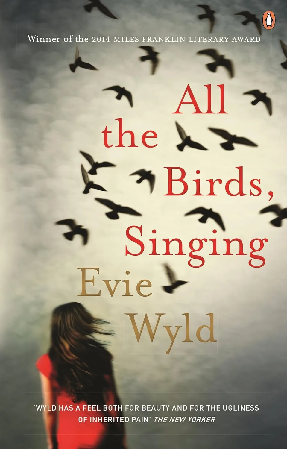 Book cover of All the Birds, Singing. A woman in a red dress stares up at a flock of birds.