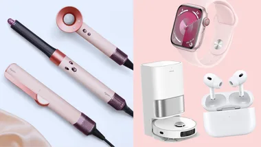 Split image of Dyson hair tools on the left. On the right, Dreame Robot Vacuum Cleaner and Apple Watch