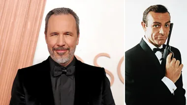 Left is image opf Denis Villeneuve in a black suit at the oscars. Right is image of Sean Connery as James Bond