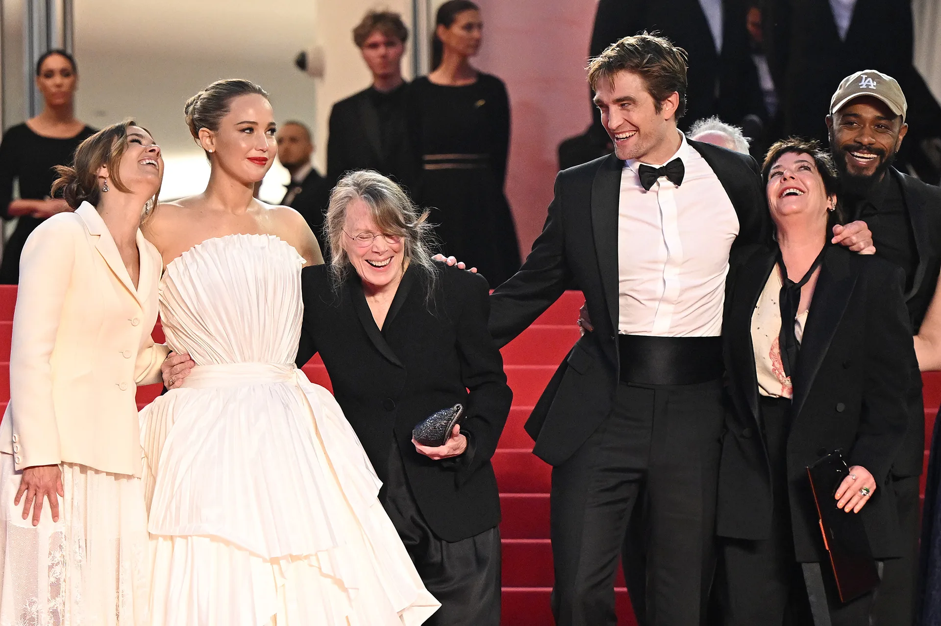 CANNES, FRANCE - MAY 17: Molly Smith, Jennifer Lawrence, Sissy Spacek, Robert Pattinson, Lynne Ramsay and LaKeith Stanfield attend the "Die My Love" red carpet at the 78th annual Cannes Film Festival at Palais des Festivals on May 17, 2025 in Cannes, France. (Photo by Stephane Cardinale - Corbis/Corbis via Getty Images)