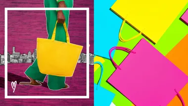 On the left, a person holds a yellow tote bag against a pink, textured background with a city outline. On the right, various bright shopping bags are scattered on a lime green surface.