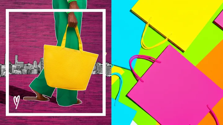 On the left, a person holds a yellow tote bag against a pink, textured background with a city outline. On the right, various bright shopping bags are scattered on a lime green surface.
