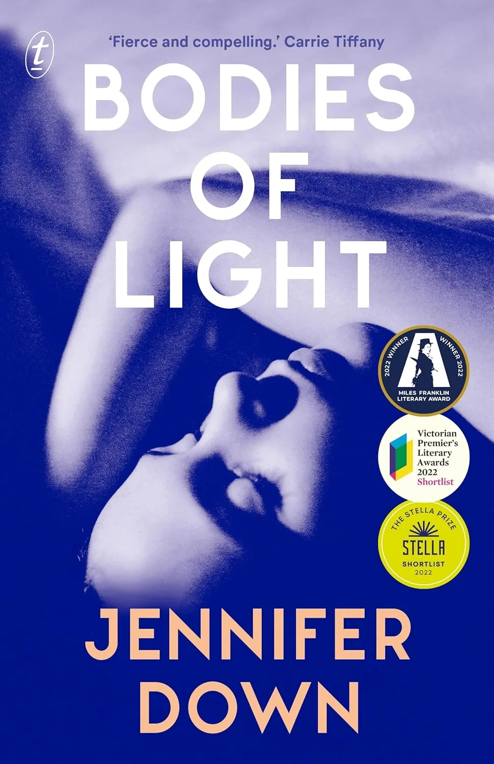 Book cover of Bodies of Light by Jennifer Down - winner of the 2022 Miles Franklin Award. A photo of a woman with her eyes shut.